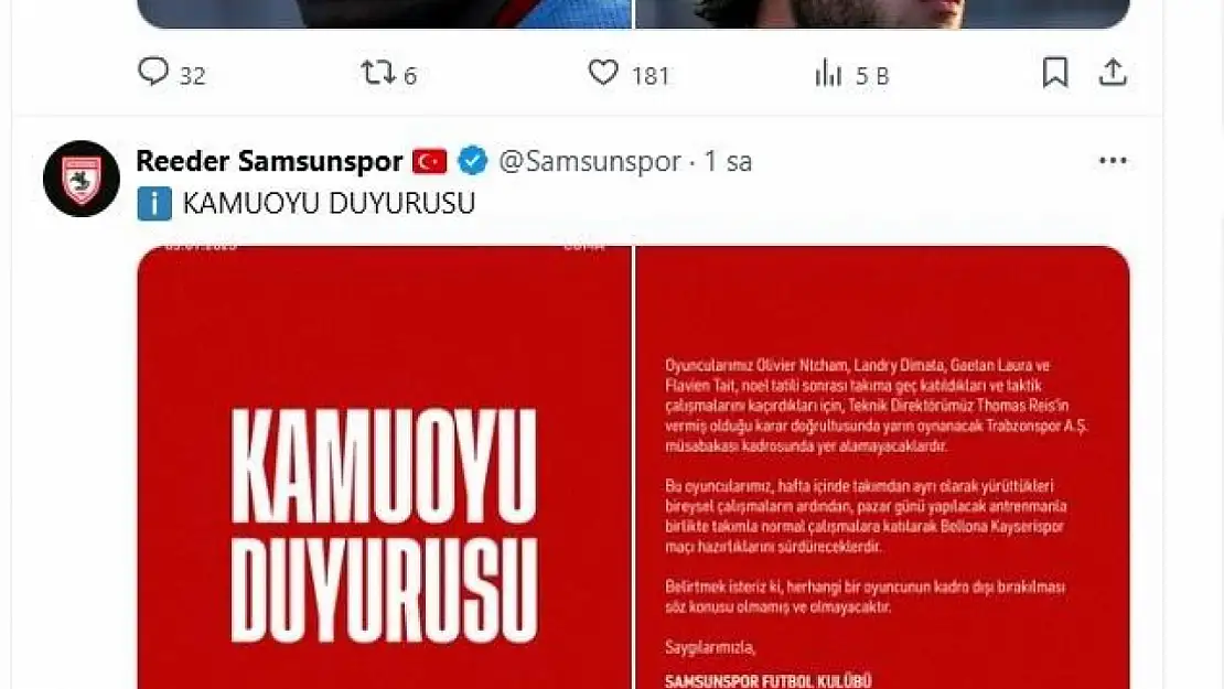 Samsunspor'da  takıma geç katılan 4 oyuncu kadroya alınmadı