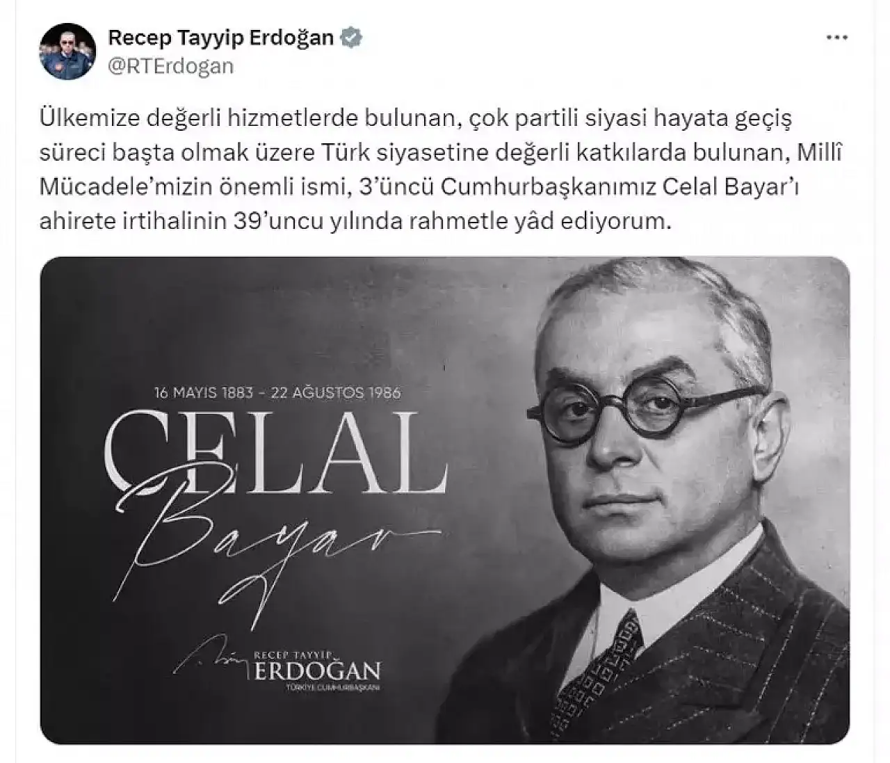 Cumhurbaşkanı Erdoğan, 3'üncü Cumhurbaşkanı Celal Bayar'ı andı