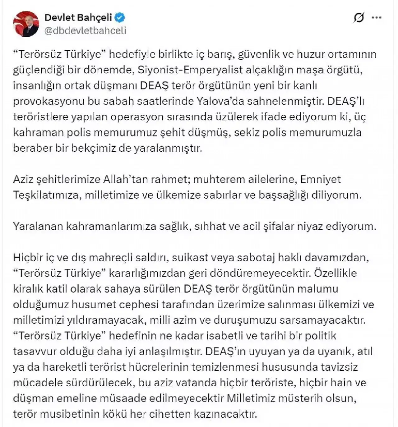 Bahçeli Terör Musibetinin Kökü Her Cihetten Kazınacaktır