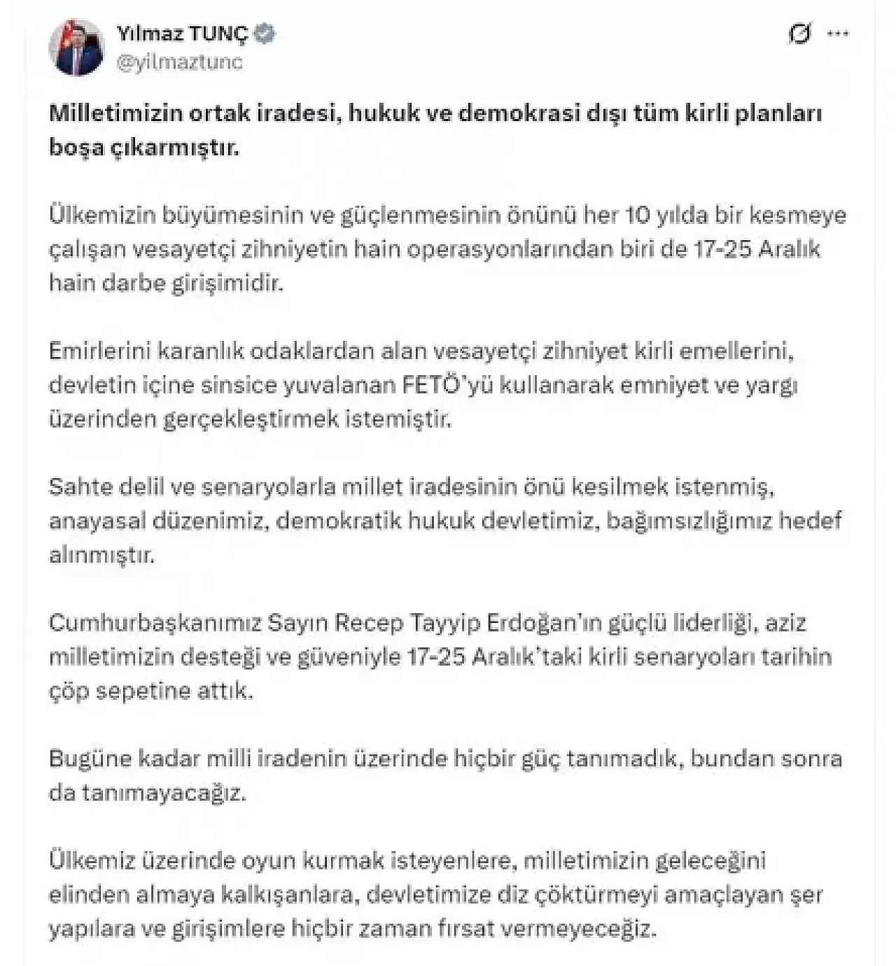 Bakan Tunç Devletimize Diz Çöktürmeyi Amaçlayan Şer Yapılara Fırsat Vermeyeceğiz