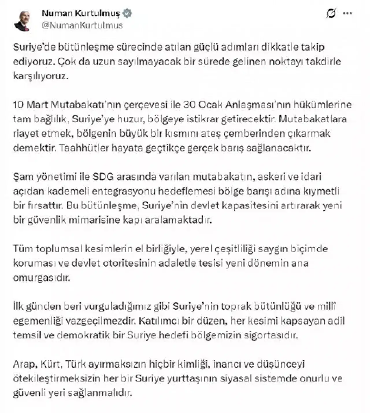 Kurtulmuş Suriye'nin Bütünlüğü İçin Atılan Her Adım Terörsüz Türkiye Hedefimizi Güçlendirmektedir