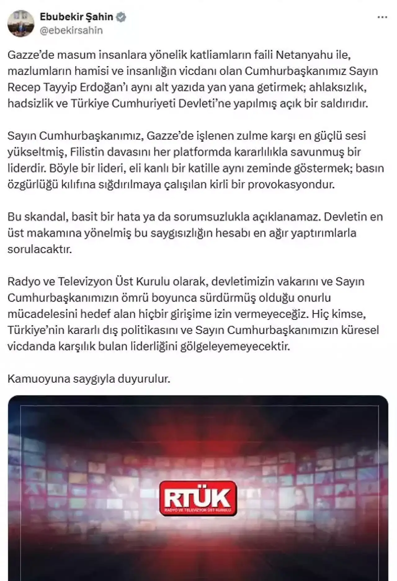 RTÜK Başkanı Şahin: Devletin en üst makamına yönelmiş saygısızlığın hesabı sorulacaktır