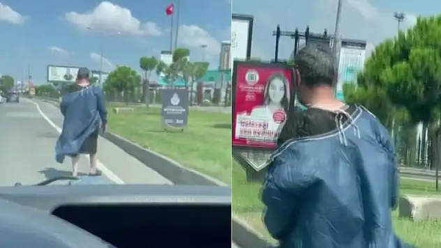 E-5 Karayolu'nda Ameliyathane Önlüğüyle Metrelerce Yürüdü