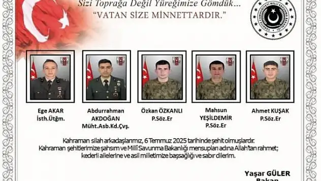 Irak'ın Kuzeyinde Şehit Olan 5 Askerin Kimlikleri Belli Oldu