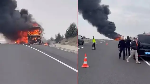 Seyir halindeki yolcu otobüsü alev alev yandı: 25 yolcu son anda kurtuldu