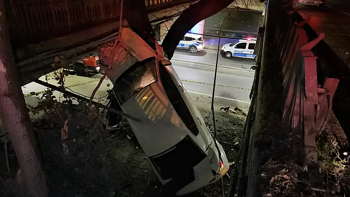 Otomobil ağaca çarpıp asılı kaldı, sürücü yaralı olarak kurtuldu
