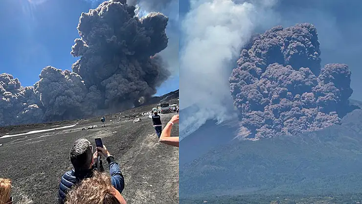Etna Yanardağ'ında turistlerin olduğu sırada patlama yaşandı